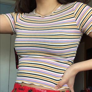Multi-colored, fitted shirt/crop top:)